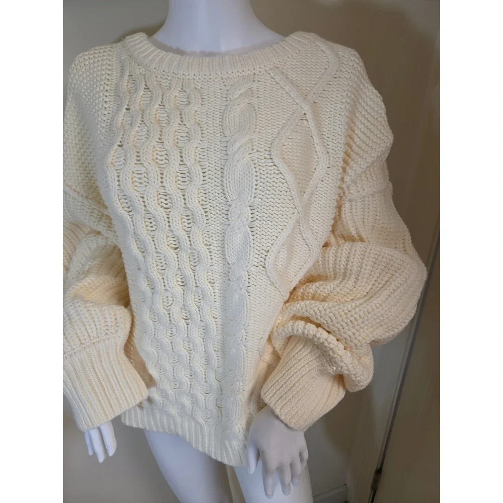 Free People Womens Cream‎ Cable Knit Oversized  Sweater Large OB1343351